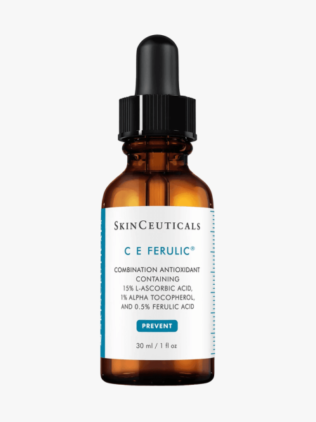 C E Ferulic in amber bottle with black pipette on light gray background